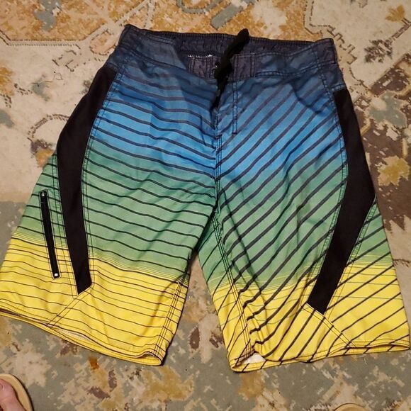 US Apperal Quad X Swim Board Shorts Black Multicolor Striped - Picture 1 of 5
